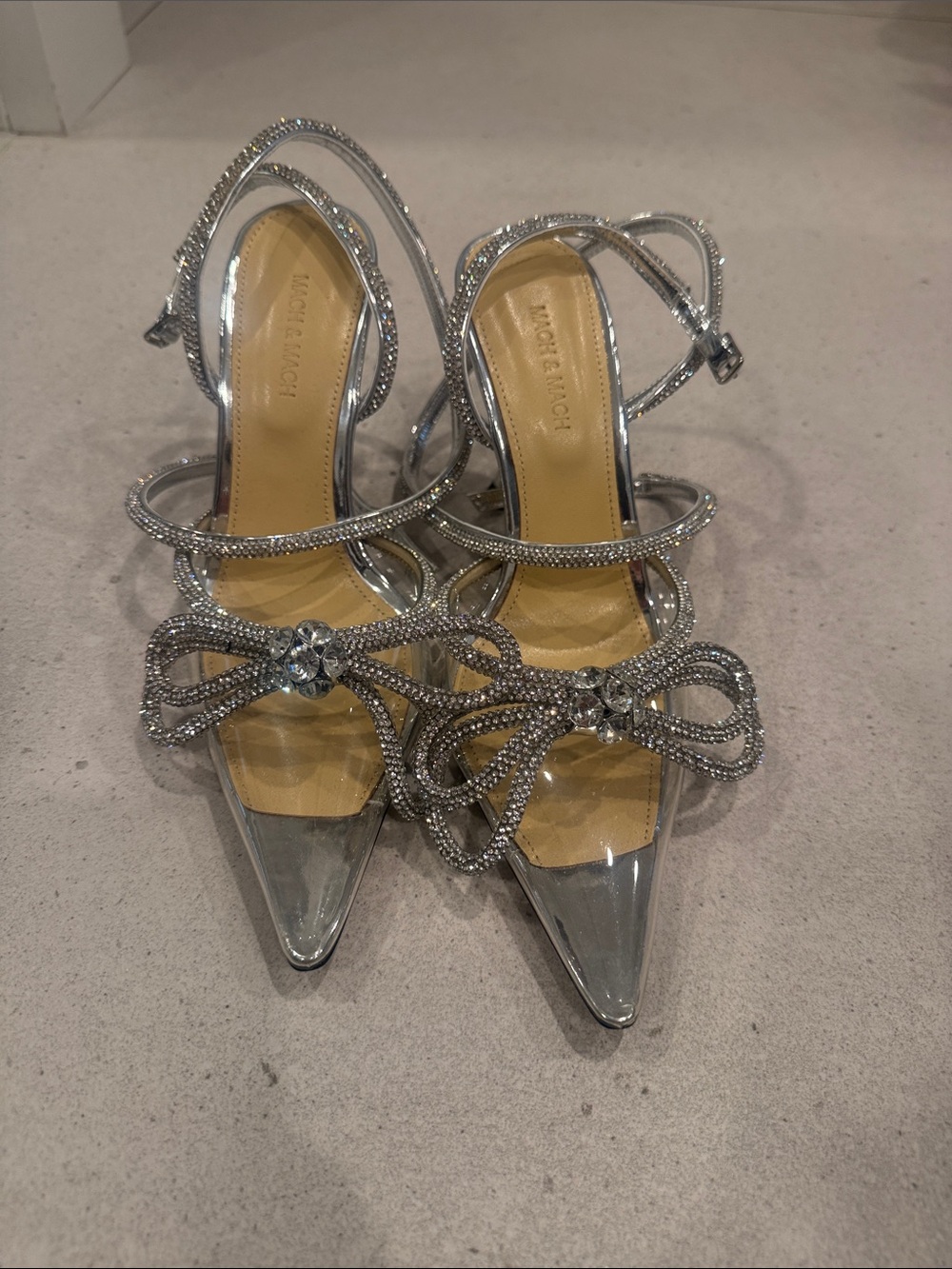 MACH & MACH Silver Crystal Embellished Bow Pointed Toe Heels